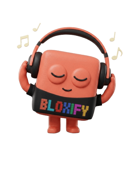 Blox vibing in headphones and a Bloxify t-shirt